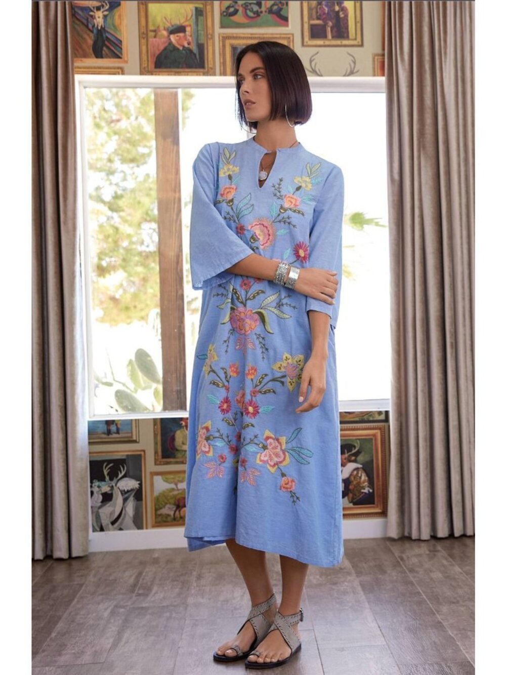 Johnny Was Camellia Mandarin Collar Dress Size Small Floral Embroidered